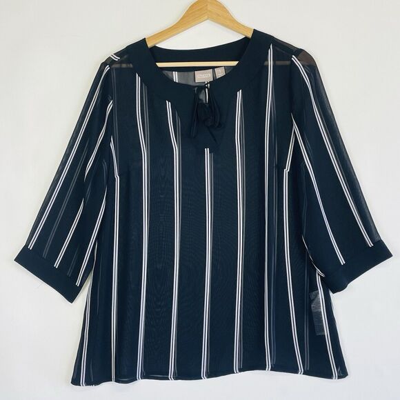 Chico's Black‎ White Stripe Sheer 3/4 Sleeve Blouse Shirt Top Womens 1 Medium 8 - Picture 1 of 14